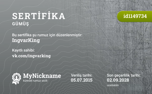IngvarKing rumuzu için sertifika, kayıtlı sahibi: vk.com/ingvarking