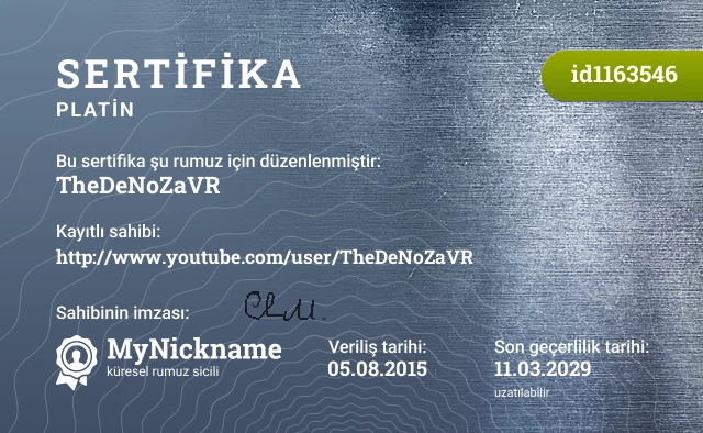 TheDeNoZaVR rumuzu için sertifika, kayıtlı sahibi: http://www.youtube.com/user/TheDeNoZaVR