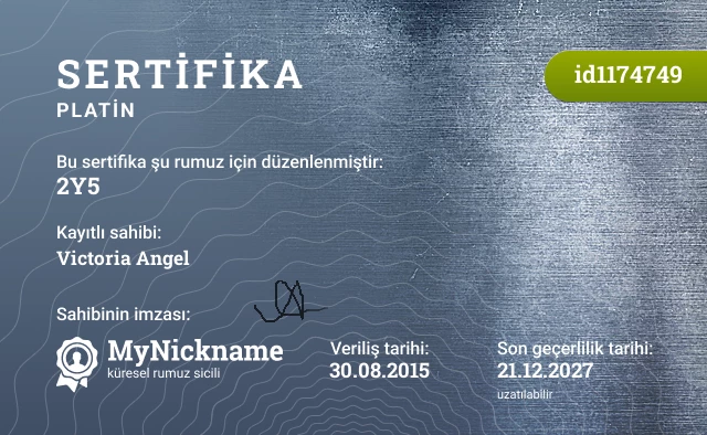 2Y5 rumuzu için sertifika, kayıtlı sahibi: Victoria Angel