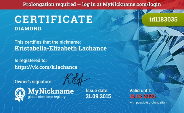 Certificate for nickname Kristabella-Elizabeth Lachance is registered to: https://vk.com/k.lachance