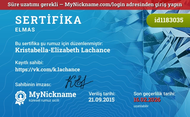Kristabella-Elizabeth Lachance rumuzu için sertifika, kayıtlı sahibi: https://vk.com/k.lachance