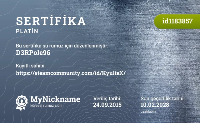 D3RPole96 rumuzu için sertifika, kayıtlı sahibi: https://steamcommunity.com/id/KyulteX/