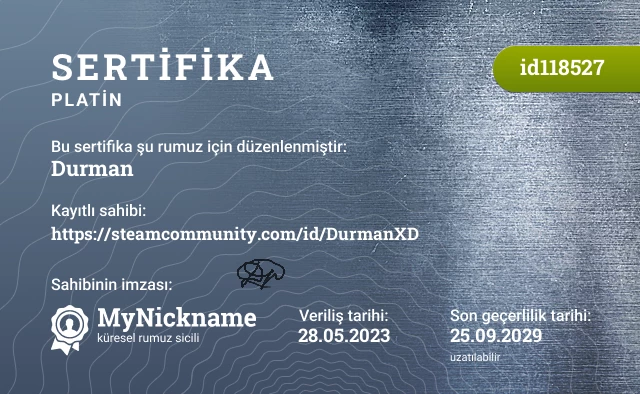 Durman rumuzu için sertifika, kayıtlı sahibi: https://steamcommunity.com/id/DurmanXD