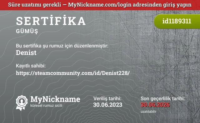 Denist rumuzu için sertifika, kayıtlı sahibi: https://steamcommunity.com/id/Denist228/