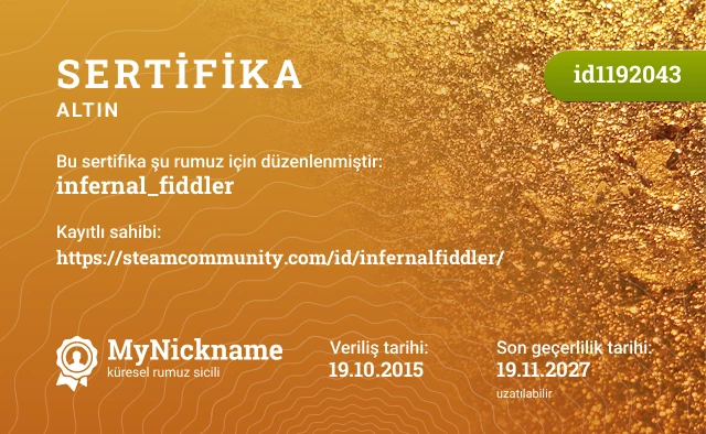 infernal_fiddler rumuzu için sertifika, kayıtlı sahibi: https://steamcommunity.com/id/infernalfiddler/
