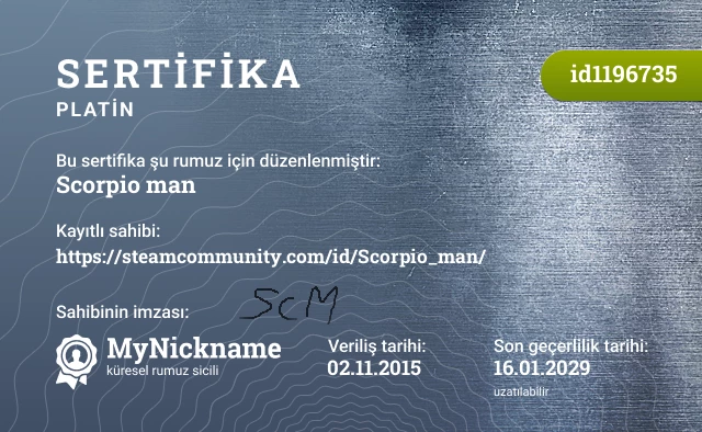 Scorpio man rumuzu için sertifika, kayıtlı sahibi: https://steamcommunity.com/id/Scorpio_man/
