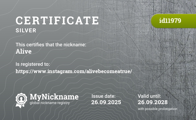 Certificate for nickname Alive, registered to: https://www.instagram.com/alivebecomeatrue/