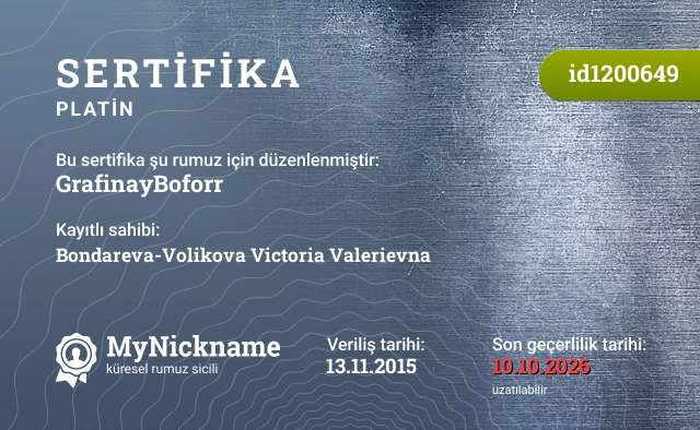 GrafinayBoforr rumuzu için sertifika, kayıtlı sahibi: Bondareva-Volikova Victoria Valerievna