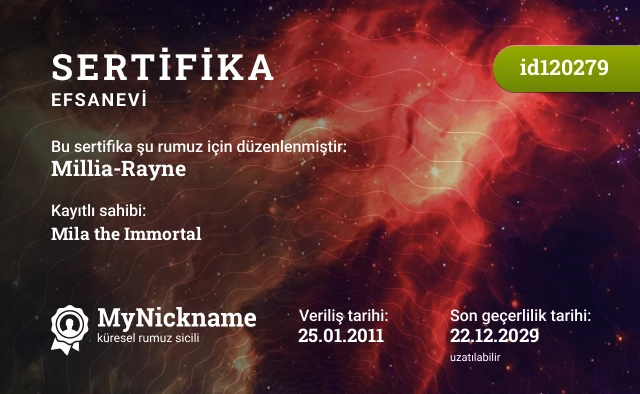Millia-Rayne rumuzu için sertifika, kayıtlı sahibi: Mila the Immortal