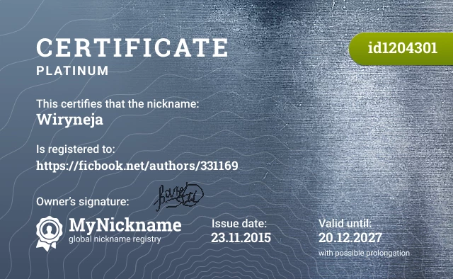 Certificate for nickname Wiryneja is registered to: https://ficbook.net/authors/331169