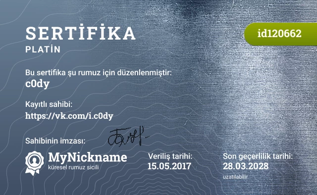 c0dy rumuzu için sertifika, kayıtlı sahibi: https://vk.com/i.c0dy