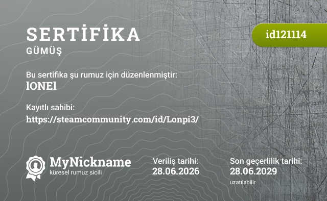 lONEl rumuzu için sertifika, kayıtlı sahibi: https://steamcommunity.com/id/Lonpi3/