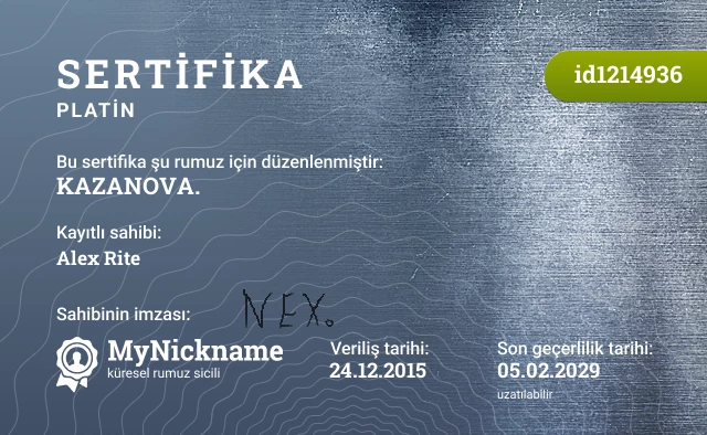 KAZANOVA. rumuzu için sertifika, kayıtlı sahibi: Alex Rite