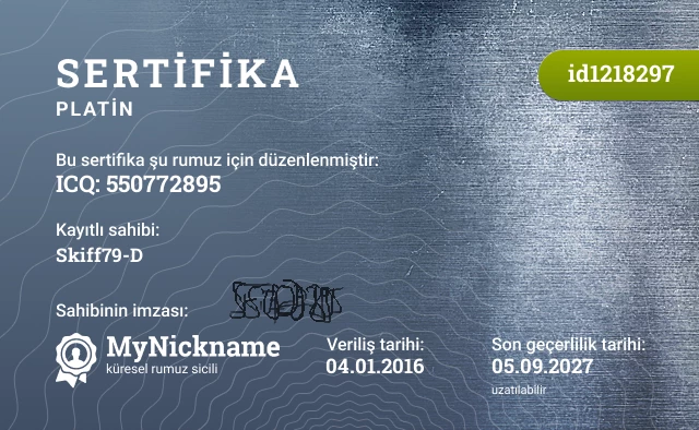 ICQ: 550772895 rumuzu için sertifika, kayıtlı sahibi: Skiff79-D