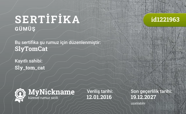 SlyTomCat rumuzu için sertifika, kayıtlı sahibi: Sly_tom_cat