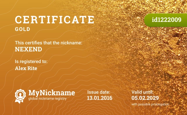 Certificate for nickname NEXEND is registered to: Alex Rite