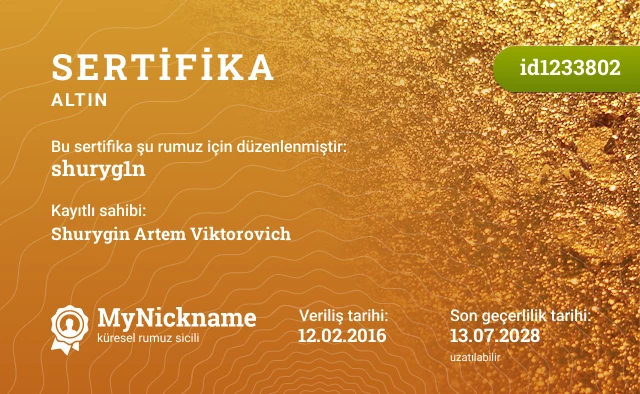 shuryg1n rumuzu için sertifika, kayıtlı sahibi: Shurygin Artem Viktorovich