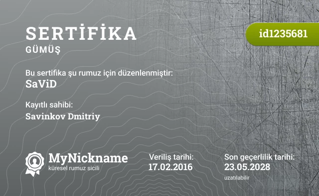 SaViD rumuzu için sertifika, kayıtlı sahibi: Savinkov Dmitriy