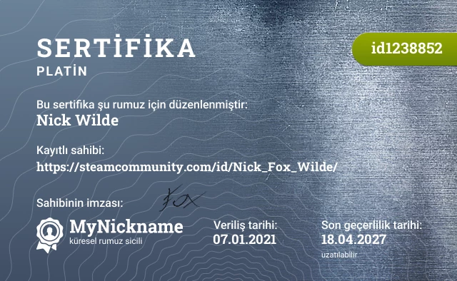 Nick Wilde rumuzu için sertifika, kayıtlı sahibi: https://steamcommunity.com/id/Nick_Fox_Wilde/