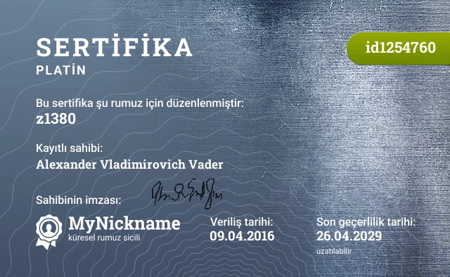 z1380 rumuzu için sertifika, kayıtlı sahibi: Alexander Vladimirovich Vader