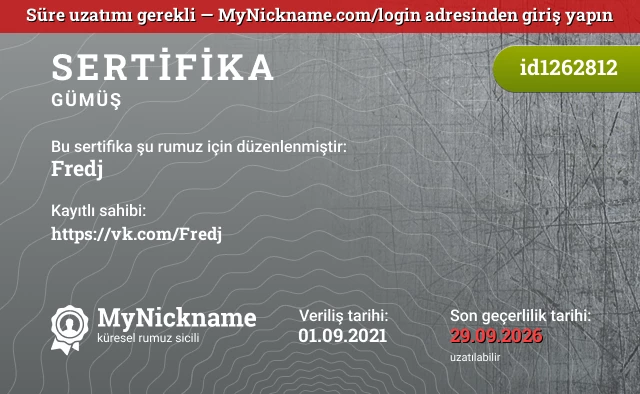 Fredj rumuzu için sertifika, kayıtlı sahibi: https://vk.com/Fredj