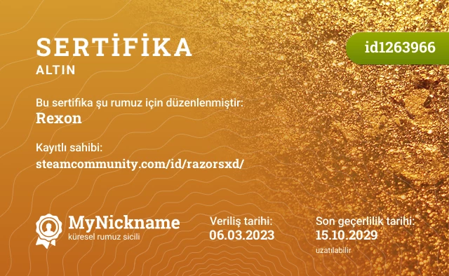 Rexon rumuzu için sertifika, kayıtlı sahibi: steamcommunity.com/id/razorsxd/