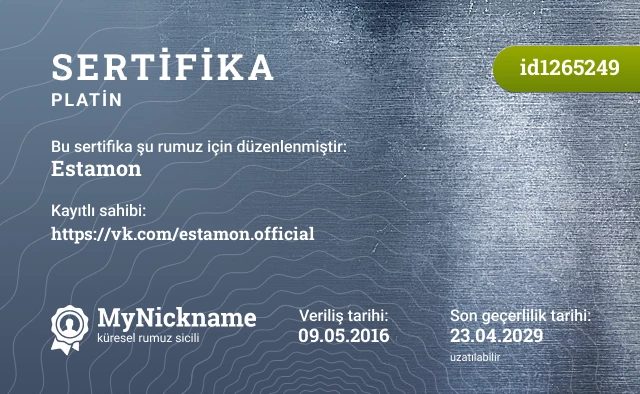 Estamon rumuzu için sertifika, kayıtlı sahibi: https://vk.com/estamon.official