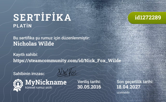 Nicholas Wilde rumuzu için sertifika, kayıtlı sahibi: https://steamcommunity.com/id/Nick_Fox_Wilde