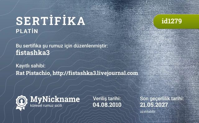 fistashka3 rumuzu için sertifika, kayıtlı sahibi: Rat Pistachio, http://fistashka3.livejournal.com