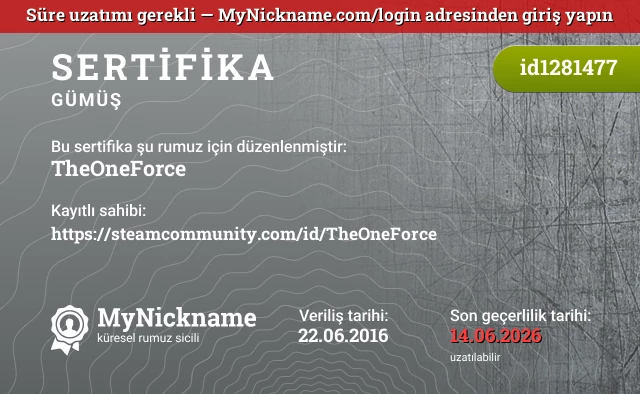 TheOneForce rumuzu için sertifika, kayıtlı sahibi: https://steamcommunity.com/id/TheOneForce