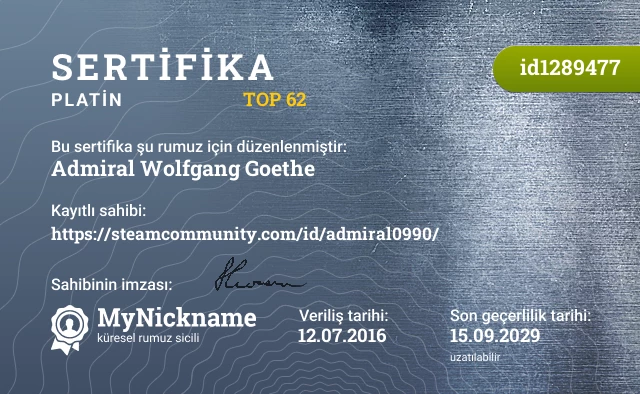 Admiral Wolfgang Goethe rumuzu için sertifika, kayıtlı sahibi: https://steamcommunity.com/id/admiral0990/