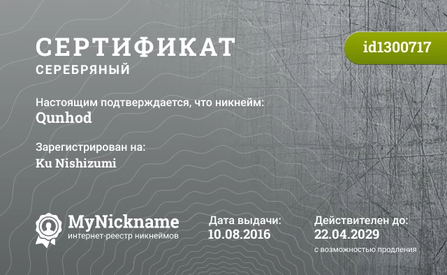 Сертификат на никнейм Qunhod, зарегистрирован на Ku Nishizumi