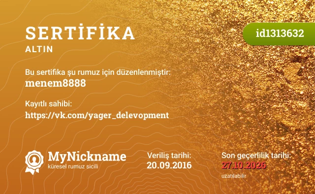 menem8888 rumuzu için sertifika, kayıtlı sahibi: https://vk.com/yager_delevopment