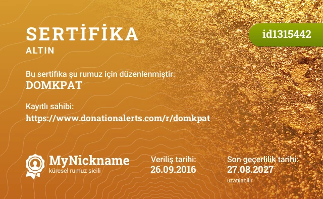 DOMKPAT rumuzu için sertifika, kayıtlı sahibi: https://www.donationalerts.com/r/domkpat