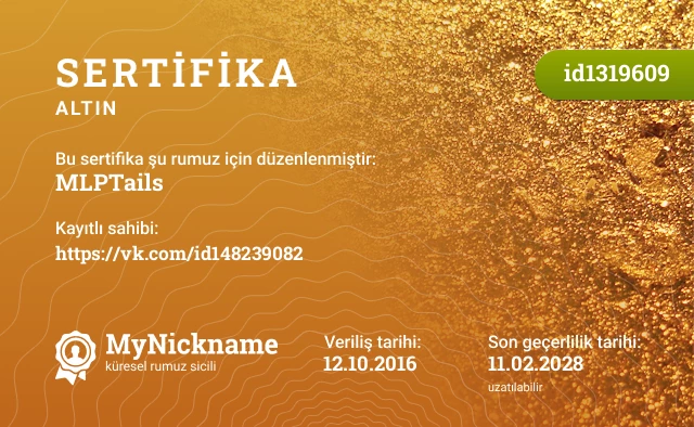 MLPTails rumuzu için sertifika, kayıtlı sahibi: https://vk.com/id148239082