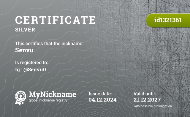 Certificate for nickname Senvu, registered to: tg : @Senvu0