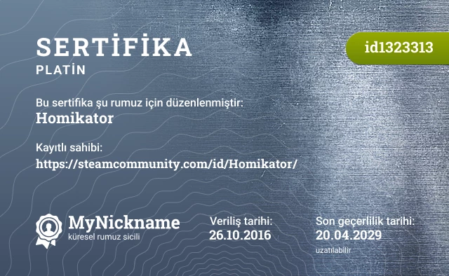 Homikator rumuzu için sertifika, kayıtlı sahibi: https://steamcommunity.com/id/Homikator/
