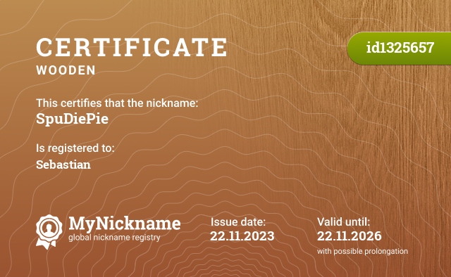 Certificate for nickname SpuDiePie, registered to: Себастьян