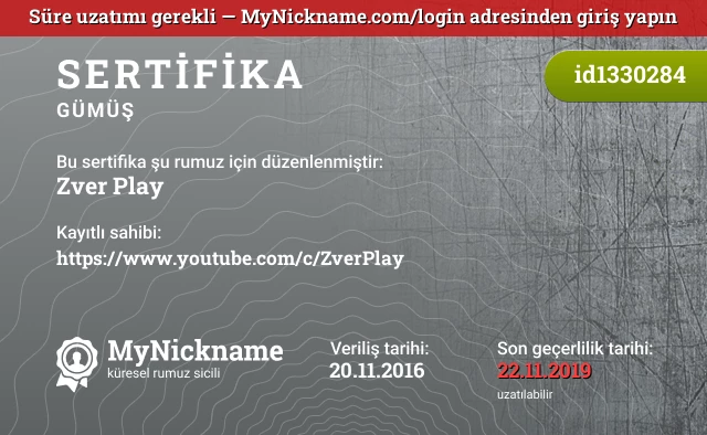 Zver Play rumuzu için sertifika, kayıtlı sahibi: https://www.youtube.com/c/ZverPlay