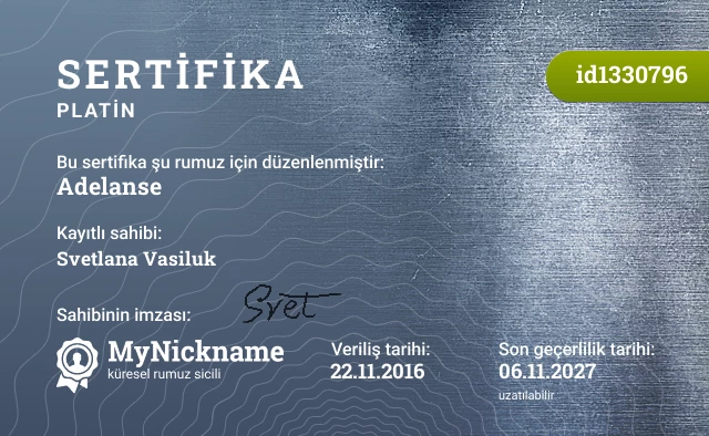 Adelanse rumuzu için sertifika, kayıtlı sahibi: Svetlana Vasiluk