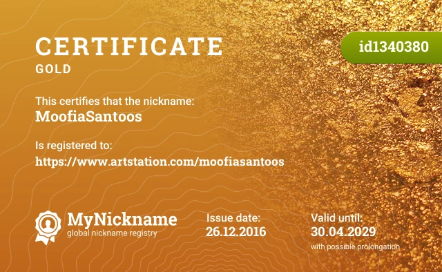Certificate for nickname MoofiaSantoos is registered to: https://www.artstation.com/moofiasantoos