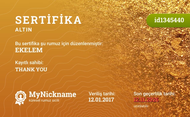 EKELEM rumuzu için sertifika, kayıtlı sahibi: THANK YOU
