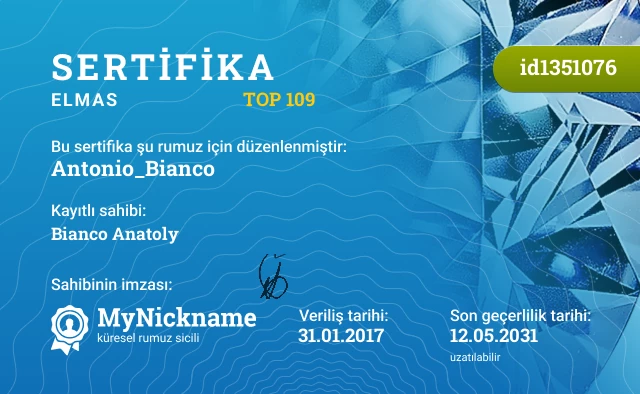 Antonio_Bianco rumuzu için sertifika, kayıtlı sahibi: Bianco Anatoly