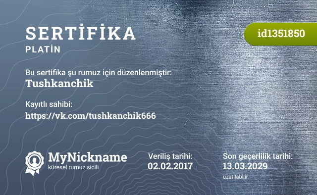 Tushkanchik rumuzu için sertifika, kayıtlı sahibi: https://vk.com/tushkanchik666