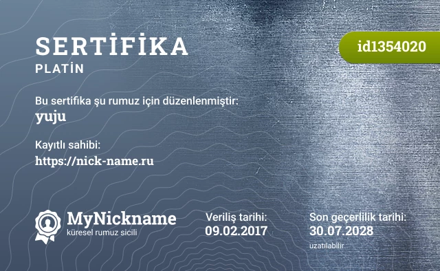 yuju rumuzu için sertifika, kayıtlı sahibi: https://nick-name.ru