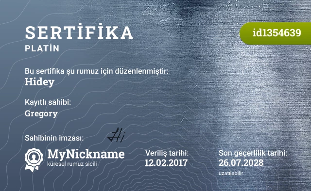 Hidey rumuzu için sertifika, kayıtlı sahibi: Gregory