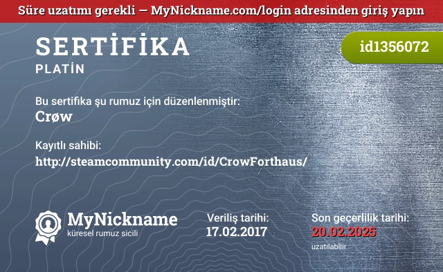 Crøw rumuzu için sertifika, kayıtlı sahibi: http://steamcommunity.com/id/CrowForthaus/