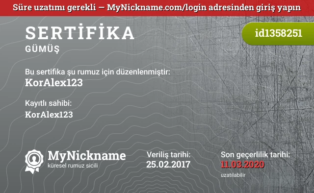 KorAlex123 rumuzu için sertifika, kayıtlı sahibi: KorAlex123