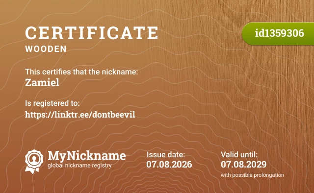 Certificate for nickname Zamiel, registered to: https://linktr.ee/dontbeevil