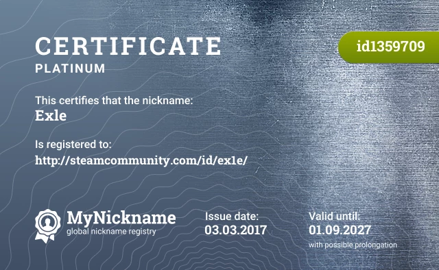 Certificate for nickname Exle is registered to: http://steamcommunity.com/id/ex1e/